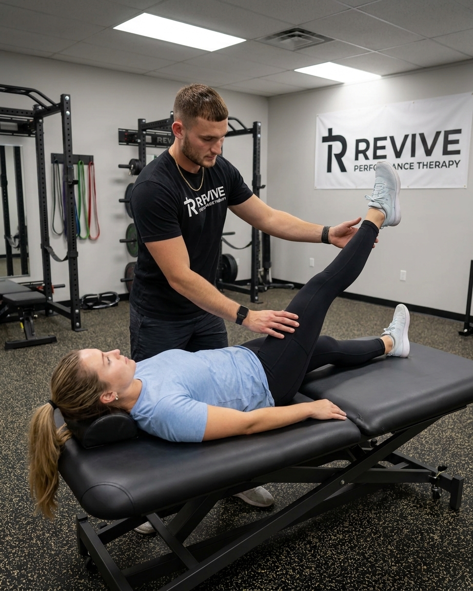 Patient working with a provider at a performance physical therapy clinic in Columbus, GA during a lower extremity rehabilitation exercise